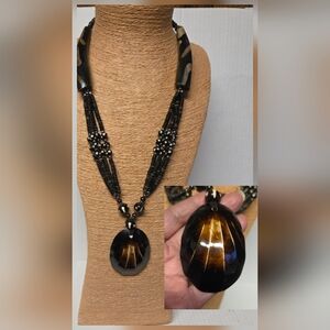 Beaded Wood and Molded Resin Pendant  Necklace